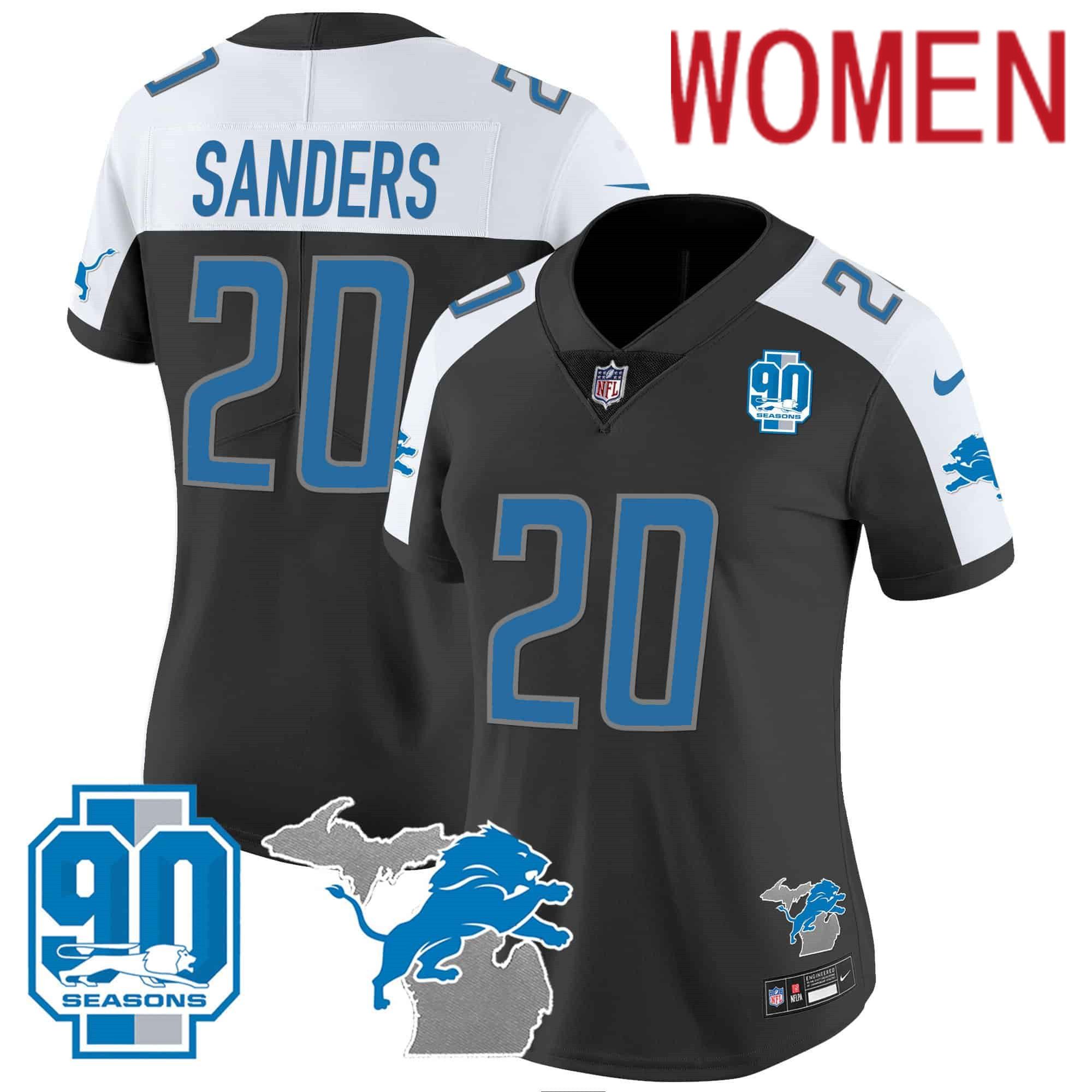 Women Detroit Lions #20 Sanders Black 2024 Nike 90th Year Michigan Patch Vapor NFL Jersey->women nfl jersey->Women Jersey